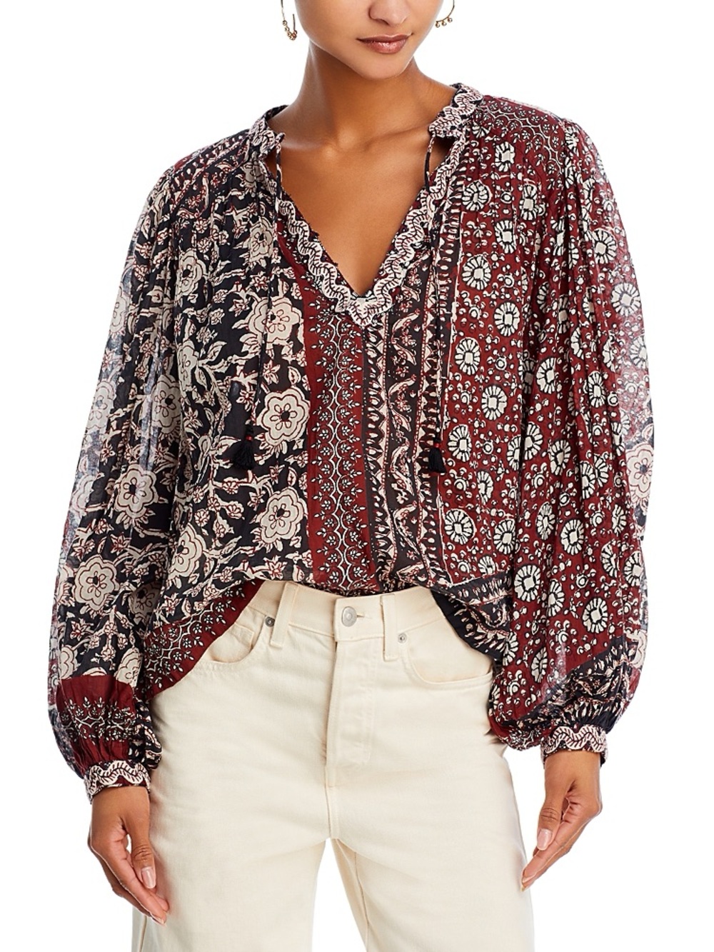 Elie Tahari Embroidered Floral Boho Peasant-style Blouse